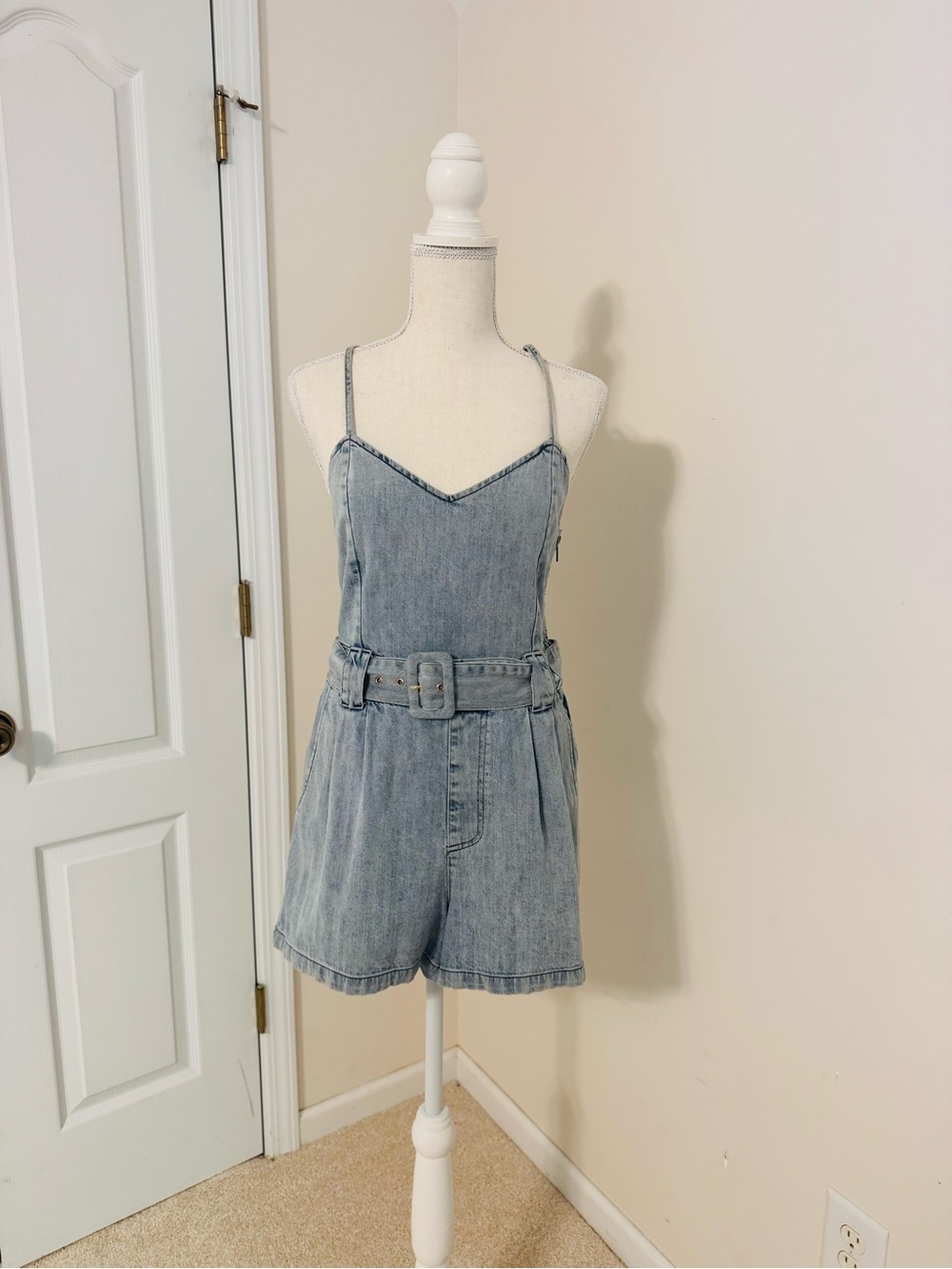 SHOE ME YOUR MUMU Denim Belted Romper - Light Blue